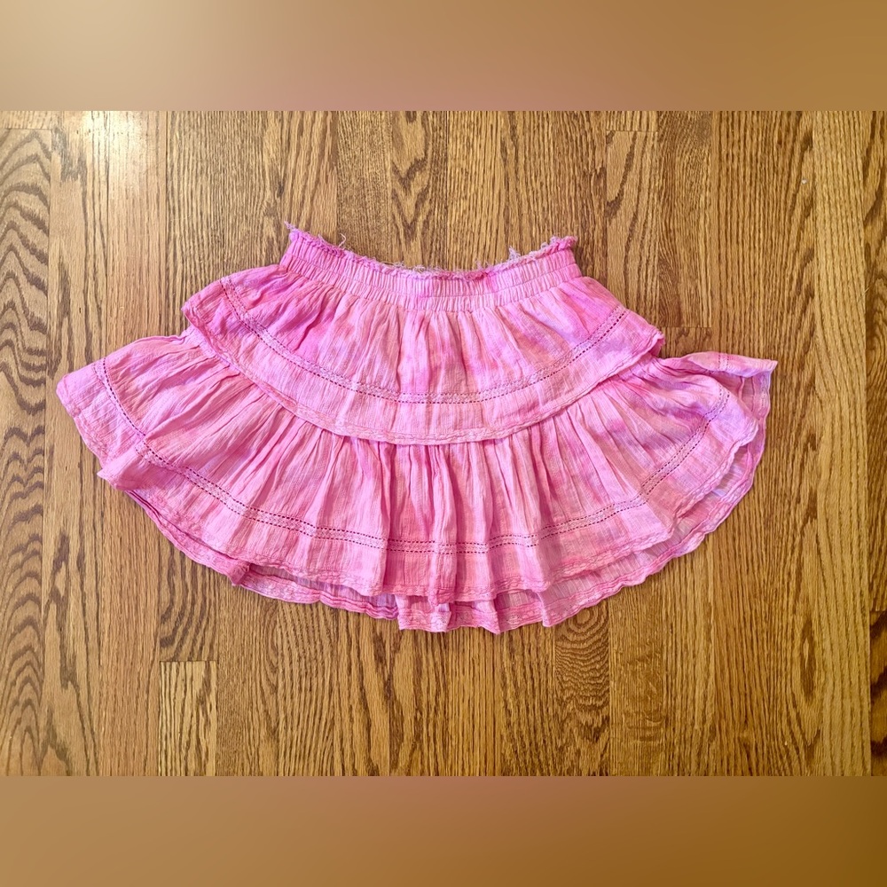 LoveShackFancy Skirt XS Pink Hand Dyed Tiered Ruffled Mini Inset Lace Frayed